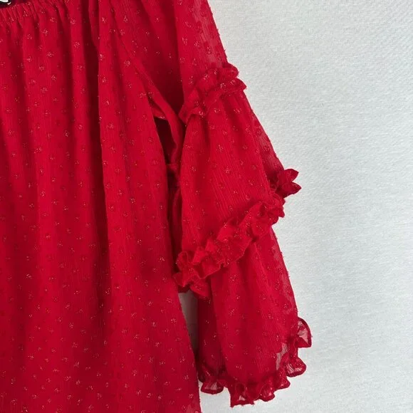SAM &JESS RED OFF THE SHOULDER BLOUSE RUFFLED SHEER SWISS-DOT SLEEVES, SIZE S - Picture 5 of 8